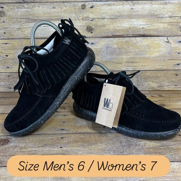 WB Moccasin Size Mens 6 Womens 7 True Black Hemera Fringe 100% Leather Suede - Picture 1 of 16